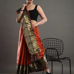 Mitera Orange Ethnic Motifs Woven Design Zari Taant Saree-picture-26