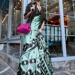 Mitera Sea Green & Black Geomtric Printed Satin Saree image 1