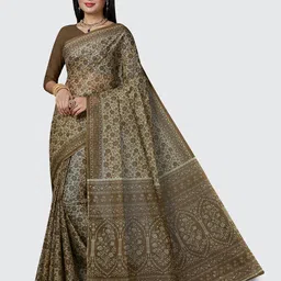 SHANVIKA Brown & Cream-Coloured Floral Pure Cotton Block Print Saree-picture-42