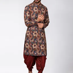 KISAH Men Mandarin Collar Long Sleeves Printed Kurta with Dhoti Pants image 1