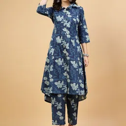 Pistaa Floral Printed Regular Pure Cotton Kurta with Trousers image 1