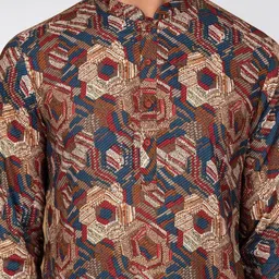 KISAH Men Mandarin Collar Long Sleeves Printed Kurta with Dhoti Pants image 2
