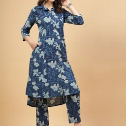 Pistaa Floral Printed Regular Pure Cotton Kurta with Trousers image 4