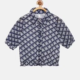 KiddoPanti White & Navy Blue Geometric Print Georgette Shirt Style Top-picture-19