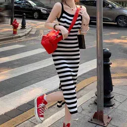 StyleCast Black & White Striped Shoulder Strap Bodycon Midi Dress-image-4