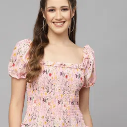 Mafadeny Floral Printed Smocked Schiffli Cotton Top image 1