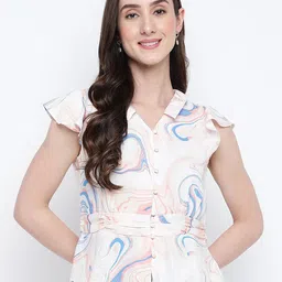 Latin Quarters Abstract Printed Shirt Collar Flutter Sleeves Peplum Top-picture-10