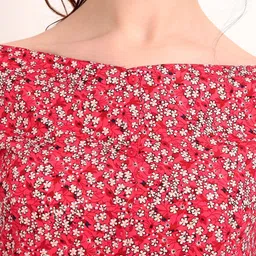 RARE Red Boat Neck Floral Print Regular Top image 3