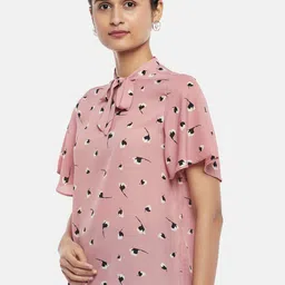 Annabelle by Pantaloons Pink & Black Floral Print Tie-Up Neck Top image 3