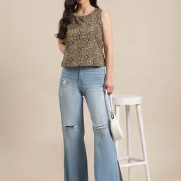 Varanga Olive Green Ethnic Motifs Printed Pure Cotton Regular Top image 2