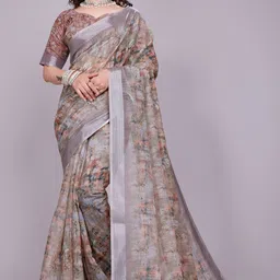 houseofcommon Floral Print Bollywood Cotton Linen Saree image 5