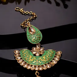 ANIKAS CREATION Gold-Plated & Green Stone Studded Enameled Hand Painted Maang Tikka image 1