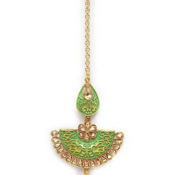 ANIKAS CREATION Gold-Plated & Green Stone Studded Enameled Hand Painted Maang Tikka image 2