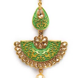 ANIKAS CREATION Gold-Plated & Green Stone Studded Enameled Hand Painted Maang Tikka image 4