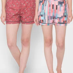 FashionRack Women Set of 2 Red & Blue Printed Lounge Shorts image 1