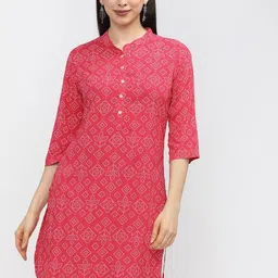 Vishudh Pink & White Viscose Rayon Mandarin Collar Printed Tunic-picture-36