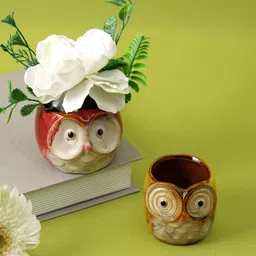TAYHAA Red & Brown 2 Pieces Owl Shaped Ceramic Planters-picture-27