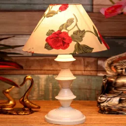 foziq Lassie Red & White Fabric Shade Night Lamp With Metal Base image 1