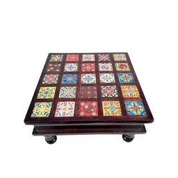 apka mart Brown Wooden Chowki With Ceramic Tiles image 3