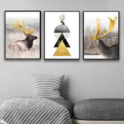 Art Street Set Of 3 Black & Gold-Toned Reindeer Horns Canvas Painting Wall Art-picture-20
