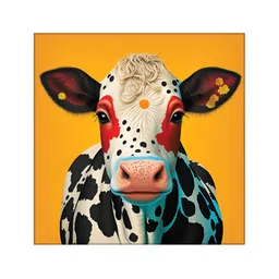 OLIVE TREE Orange & Blue Cow Canvas Painting Wall Art image 1