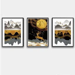Art Street Set of 3 Gold-Toned and Black Flying Deer Canvas Painting Wall Art image 1
