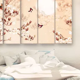 Casperme 5 Pieces Off White & Brown Floral Painting Wooden Wall Art-image-26
