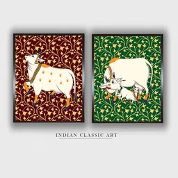 INDIAN CLASSIC ART Red & Green 2 Pieces Pichwai Cow Wooden Hanging Wall Art-picture-41