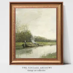 THE VINTAGE ARTISTRY Green Misty Lake Painting Wall Art-image-82