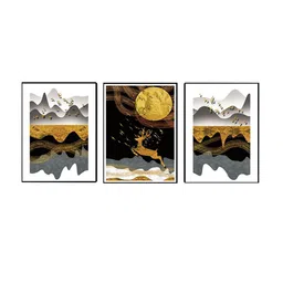 Art Street Set of 3 Gold-Toned and Black Flying Deer Canvas Painting Wall Art image 2