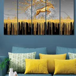 RANDOM 5 Pieces Grey Gold Toned Printed Jumping Deer Framed Wall Painting-picture-27