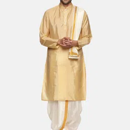 Sethukrishna Men Beige Kurta with Dhoti Pants & Angavastram Set-picture-28