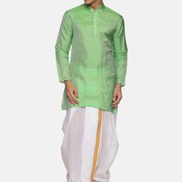 Sethukrishna Men Green & White Self Design Art Silk Kurta with Dhoti Pants-picture-42
