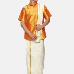 Sethukrishna Men Yellow & White Solid Short Sleeves Shirt with Veshti & With Angavastram-image-77