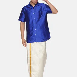 Sethukrishna Men Navy Blue & White Shirt with Zari Dhoti & Angavastram image 4