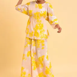 W Peach-Coloured & Yellow Abstract Printed Pure Cotton Top With Palazzos-picture-41