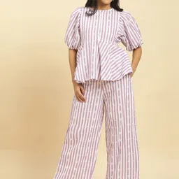 W Women Lavender & White Striped Embroidered Top with Trousers-image-12