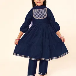 A.T.U.N. Girls Navy Blue Yoke Design Tiered Thread Work Kurta with Trousers & With Dupatta-picture-41