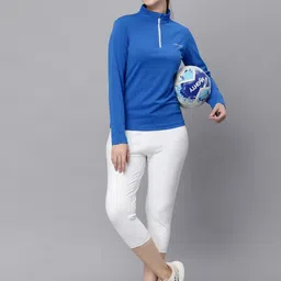 Women Solid High Neck Polyester Blue T-Shirt-image-66
