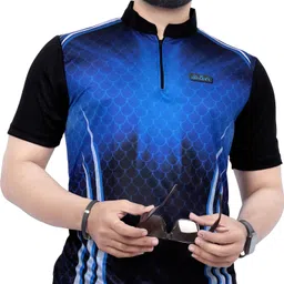 hdee Men Printed Mandarin Collar Polyester Navy Blue T-Shirt image 1