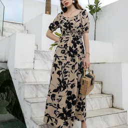 sugathari Women A-line Beige Maxi/Full Length Dress image 1