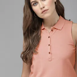 roadster Women Solid Polo Neck Pure Cotton Pink T-Shirt image 1