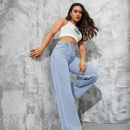 denim fit Women Loose Fit Mid Rise Light Blue Jeans-picture-10