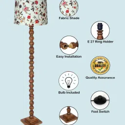 homesake Rustic Wood Floor Lamp, Walnut Brown with Multicolor Fabric Shade, Sweetie Round, Vine and Flowers image 5