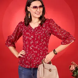 fashion2wear Casual Puff Sleeves Printed Women Red Top-picture-11