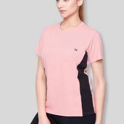 white moon Women Colorblock Round Neck Polyester Pink T-Shirt image 3