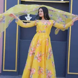 js creative Floral Print Georgette Stitched Anarkali Gown-picture-29