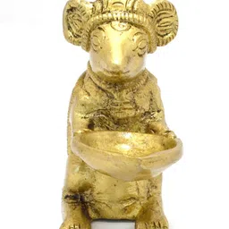 handecor by Two Moustaches Ganesha's Mouse Holding Oil Lamp Brass Table Diya-picture-27