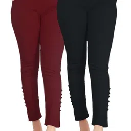 sajata Pack of 2 Women Slim Fit Maroon, Black Cotton Blend Trousers-picture-25