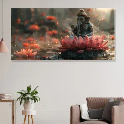 nestroots White Canvas Framed Serene Ganesha on Lotus Blossom Wall Painting-picture-22